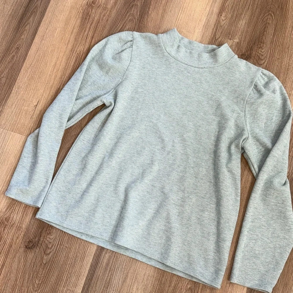 Madewell Women's Top Sage Green Plush Mock-neck Puff-Sleeve Top Large NB512